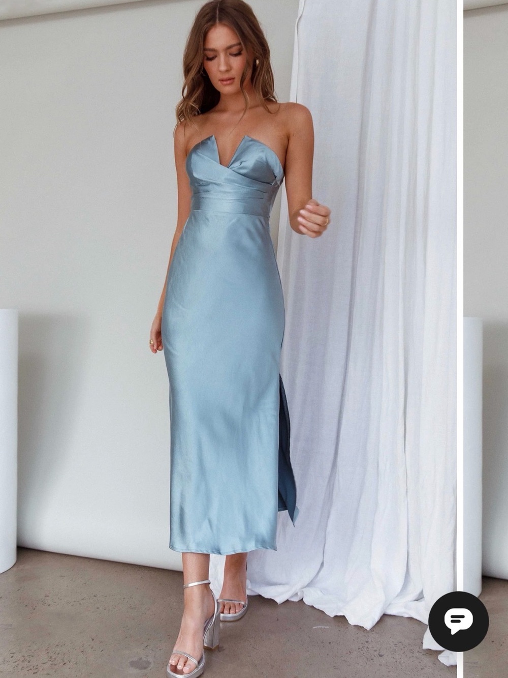 Selfie Leslie Strapless Satin Midi Dress in Light Blue